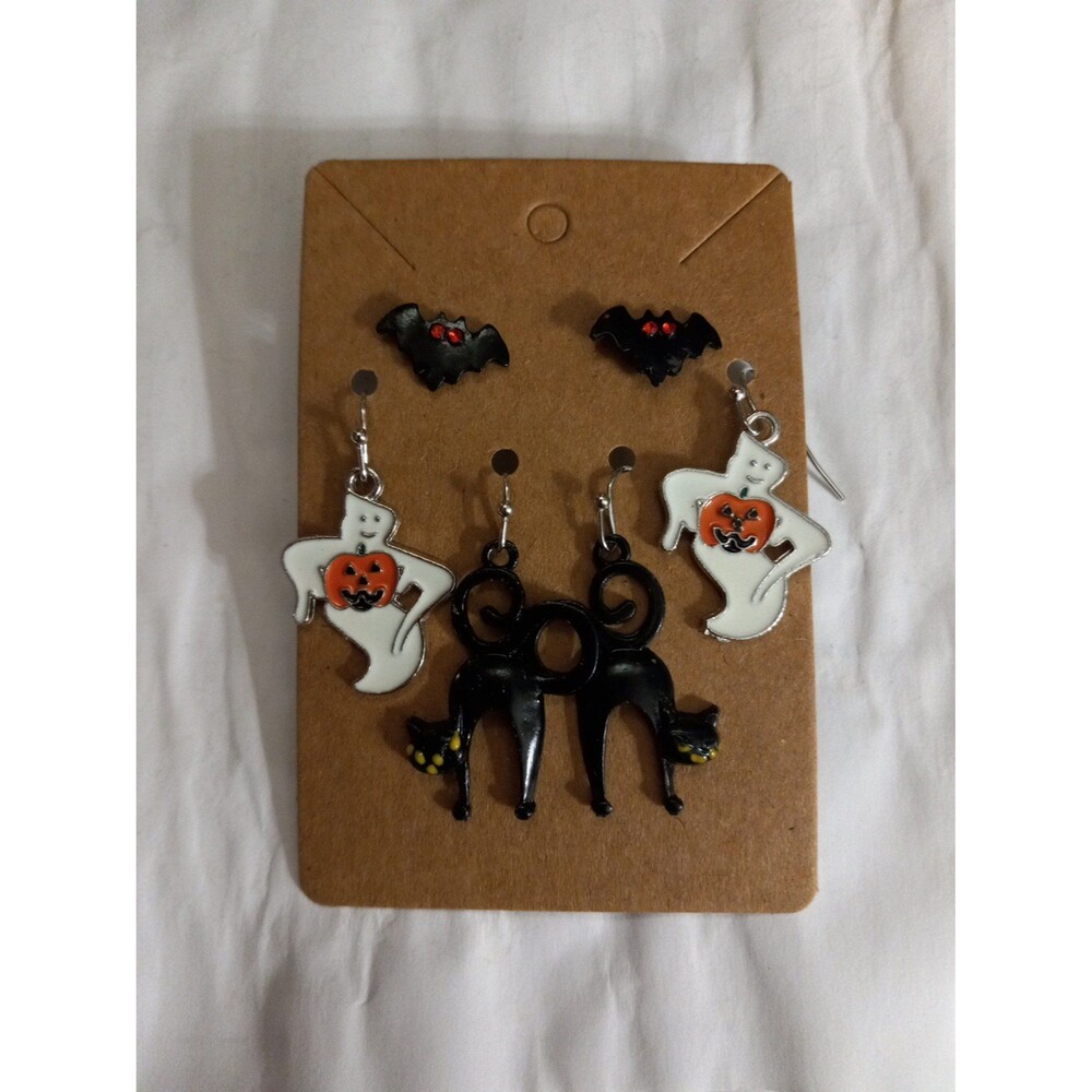 Halloween Earrings Set of 3 Bats Ghosts Black Cats